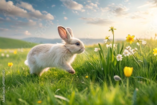 Easter bunny runs through a green meadow. Adorable rabbit on a meadow warming lighting. Cute rabbit in the grass field on a spring day