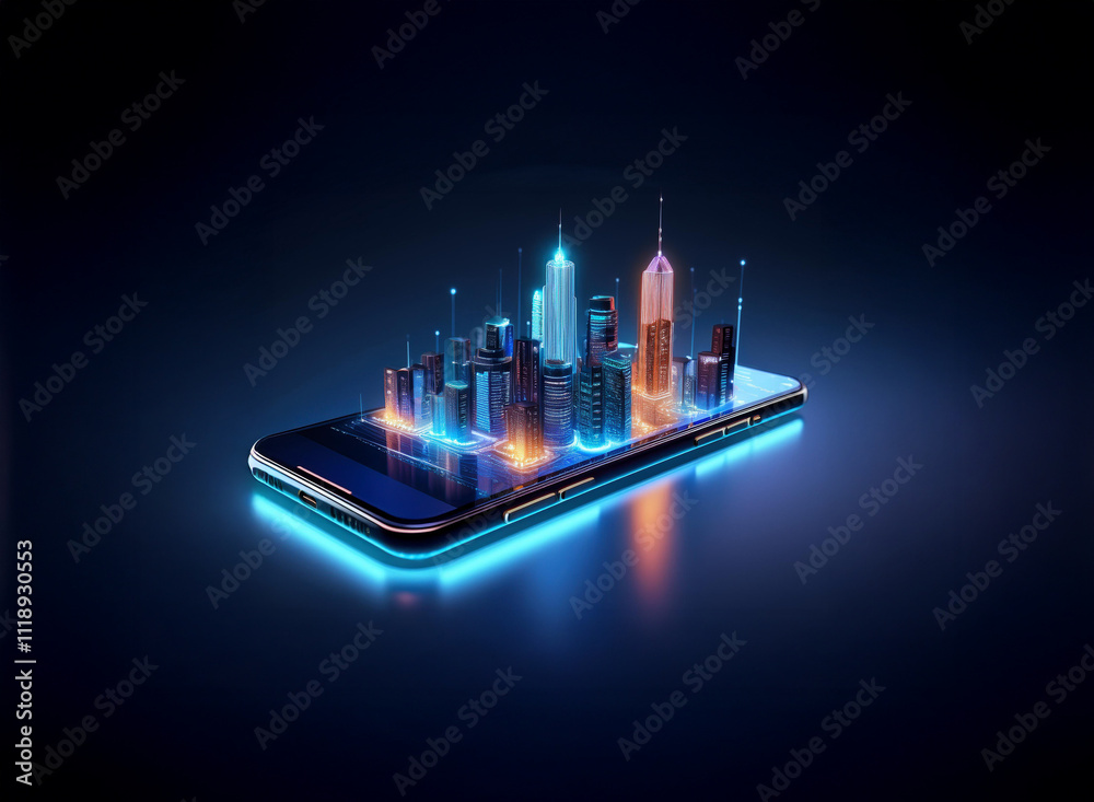 Fototapeta premium A futuristic cityscape, rendered in vibrant neon hues, sits atop a sleek smartphone, illustrating the concept of mobile connectivity and urban technology.