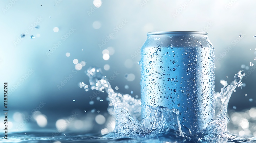 Refreshing Blue Can in a Splash of Water: A Cool Drink Refreshing Blue Can in a Splash of Water: A Cool Drink