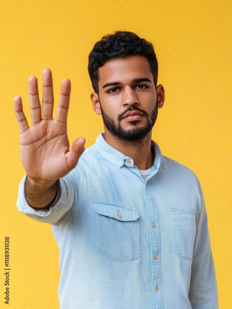 Serious young indian man showing stop hand objection no gesture sign against forbidden discrimination, violence, expressing refusal, denying rejection or protest isolated on yellow background.