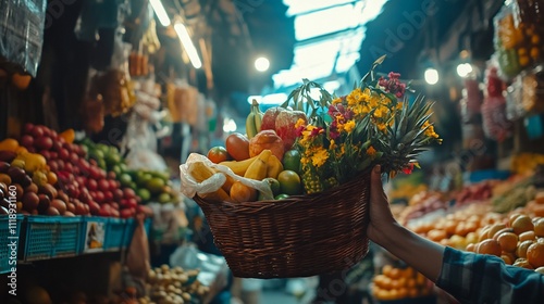 A wicker basket filled with fresh exotic fruits and flowers, held up in a vibrant market. photo