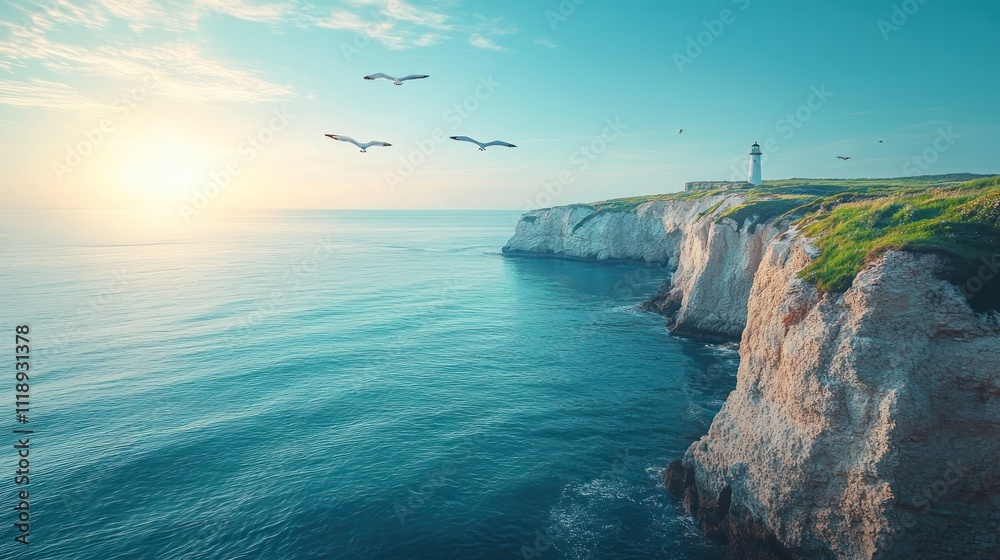 Here's a description and keywords suitable for a stock photo site.. Scenic coastal sunrise with lighthouse, cliffs, and flying birds. Here's a description and keywords suitable for a stock photo site.. Scenic coastal sunrise with lighthouse, cliffs, and flying birds.