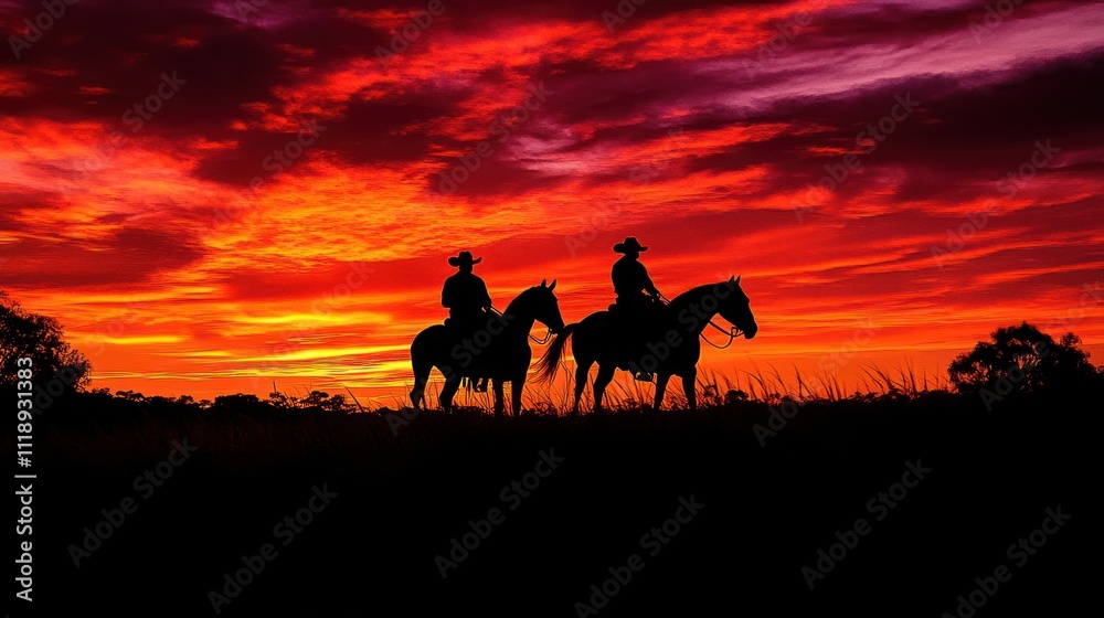 A silhouette of two cowboys on horseback A silhouette of two cowboys on horseback