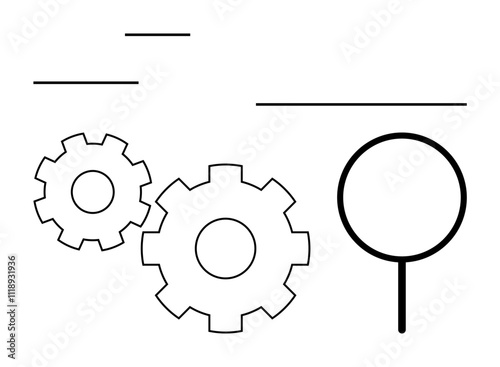 Two gears and magnifying glass highlight process analysis and efficiency. Ideal for automation, problem-solving, technical processes, engineering, improvement strategies, quality control. Line