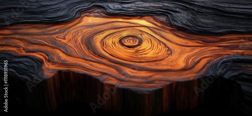 Polished Wooden Surface with Swirling Orange and Black Patterns Warm Rustic Textures photo