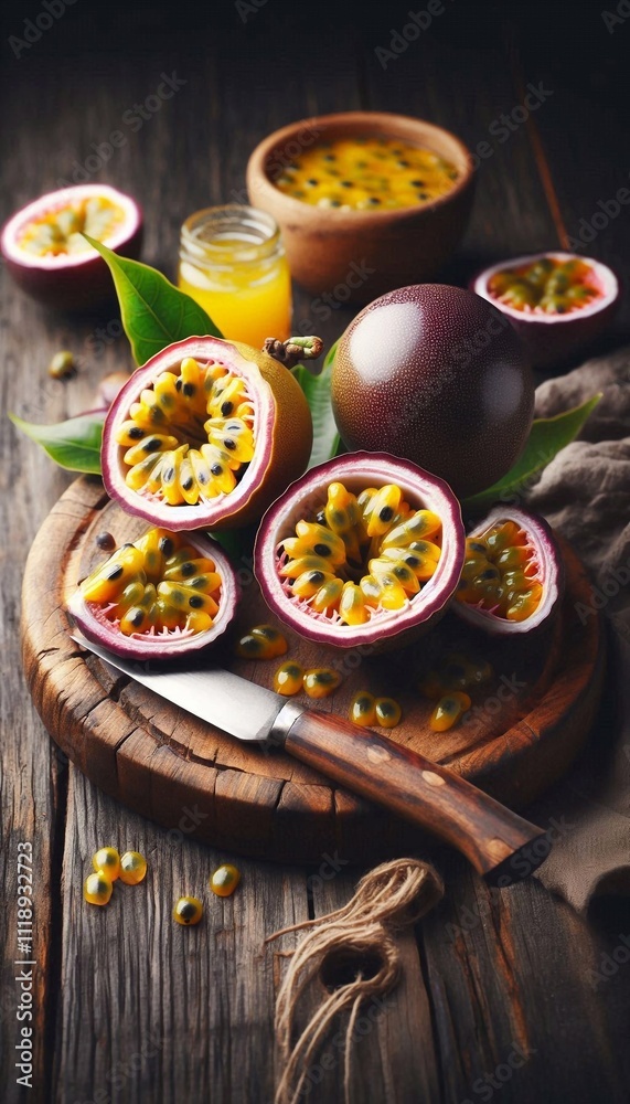Fresh Passion Fruits on a Wooden Cutting Board Fresh Passion Fruits on a Wooden Cutting Board