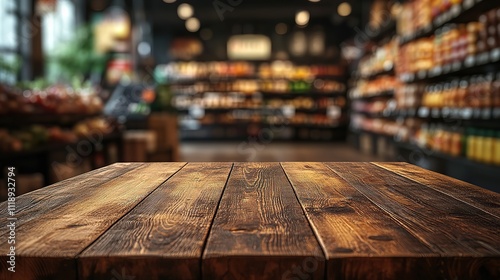 A wooden table takes center stage, while the supermarket background blurs into a colorful haze