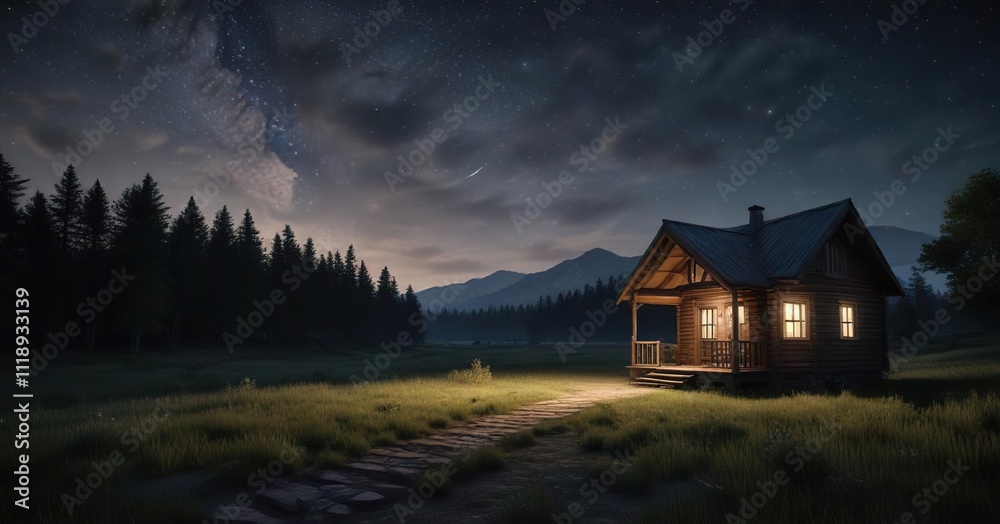 A peaceful cabin in a field under a starry night sky, scenery, stars, night A peaceful cabin in a field under a starry night sky, scenery, stars, night
