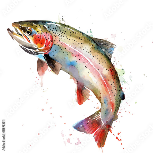 A watercolor vector of a rainbow trout, isolated on a white background. Rainbow trout vector.