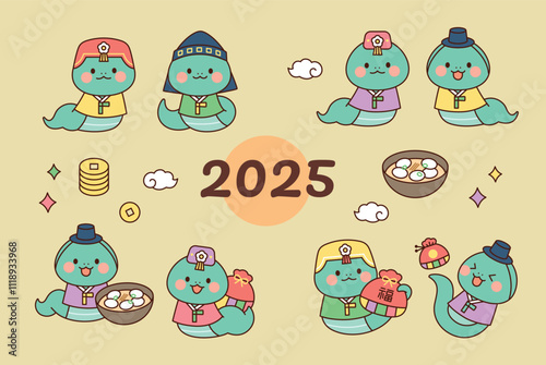 2025 Year of the Snake. A cute snake character wearing traditional Korean clothing, eating New Year's food, and holding a lucky bag. 