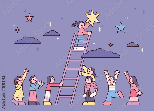 Friends are helping each other to reach the stars. A child reaching for a star using a ladder. outline simple vector illustration.