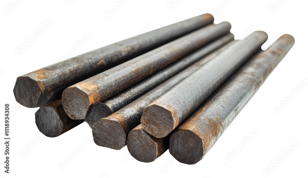 Heavy steel bars stacked for construction use, cut out - stock png. Heavy steel bars stacked for construction use, cut out - stock png.