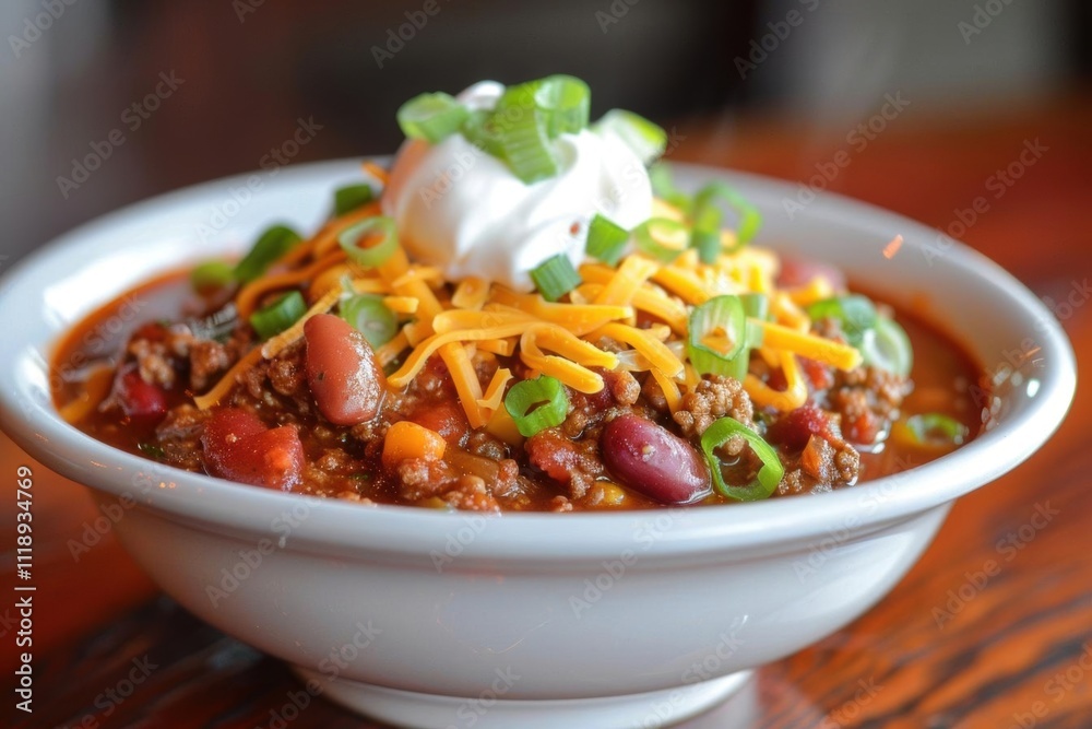 A bowl of chili topped with cheese, green onions, and sour cream. A bowl of chili topped with cheese, green onions, and sour cream.