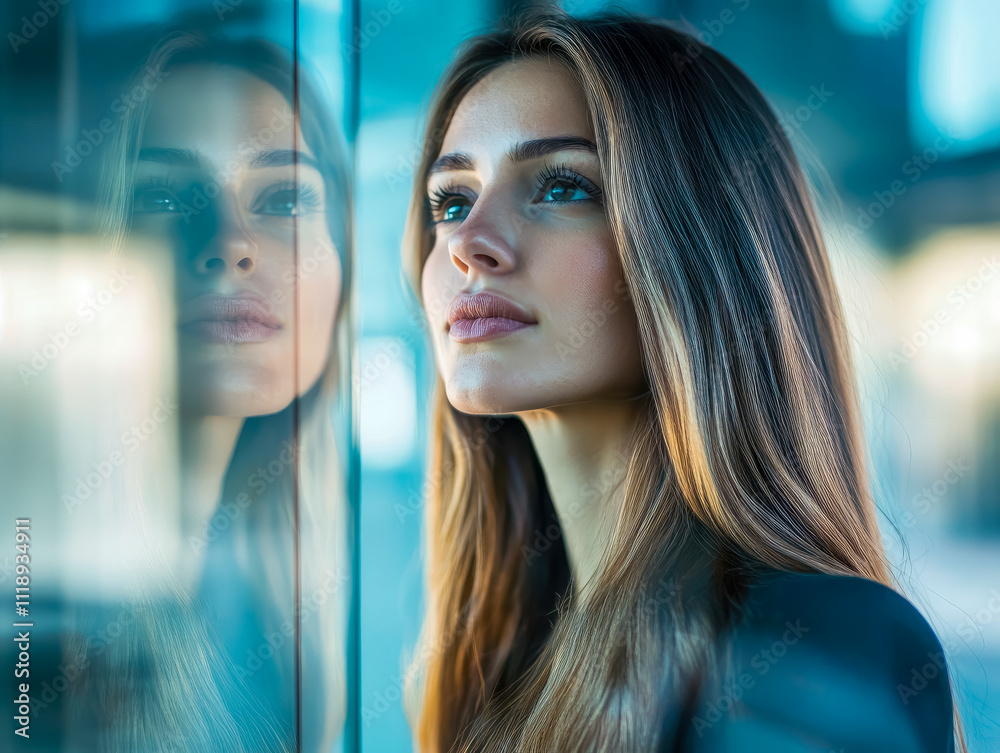 Close-up of businesswoman with long hair reflected in a glass wall Close-up of businesswoman with long hair reflected in a glass wall