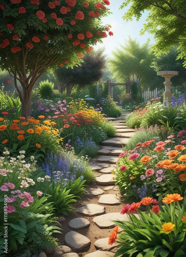 A serene garden oasis is created by a variety of colorful flowers and green foliage, green foliage, peaceful ambiance A serene garden oasis is created by a variety of colorful flowers and green foliage, green foliage, peaceful ambiance