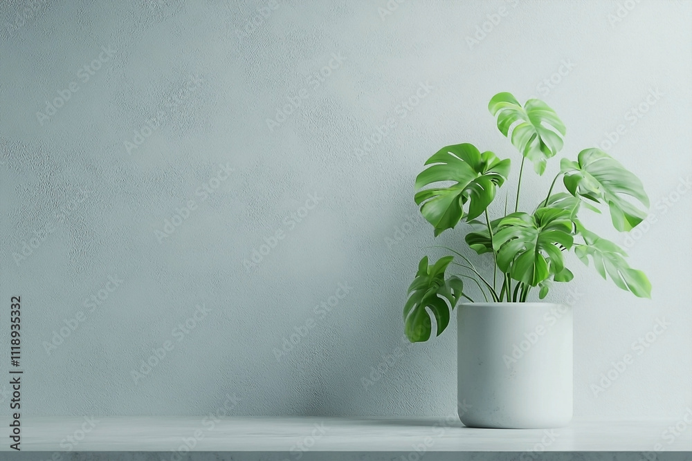 Interior Design with Green Plant on White Table and Blank Wall Background Interior Design with Green Plant on White Table and Blank Wall Background
