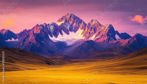 Majestic mountains at sunset with vibrant colors and a golden landscape.