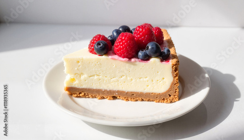 Slice of cheesecake with fresh raspberries and blueberries