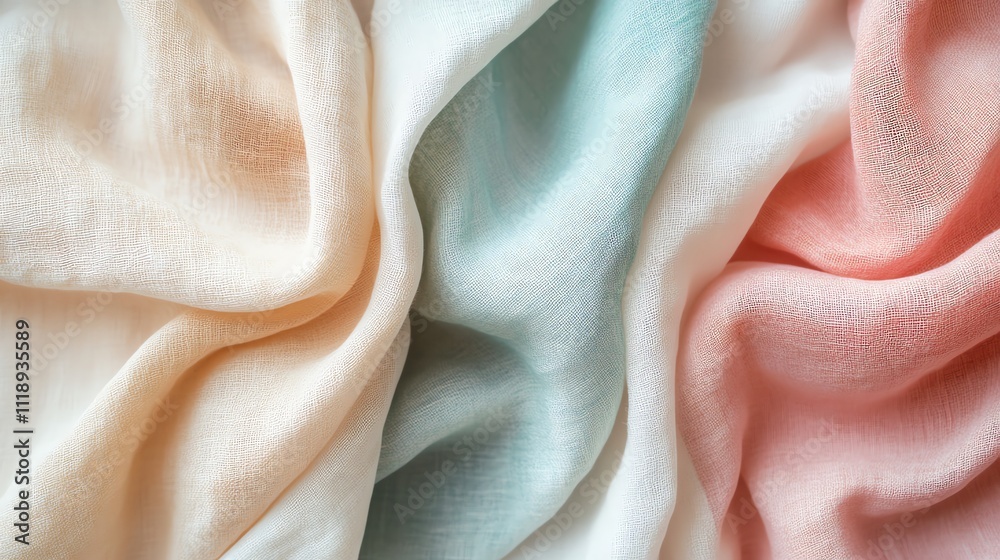 A piece of soft, silky fabric in pastel peach, white, and mint colors. The fabric is folded and draped, creating soft, flowing curves. A piece of soft, silky fabric in pastel peach, white, and mint colors. The fabric is folded and draped, creating soft, flowing curves.