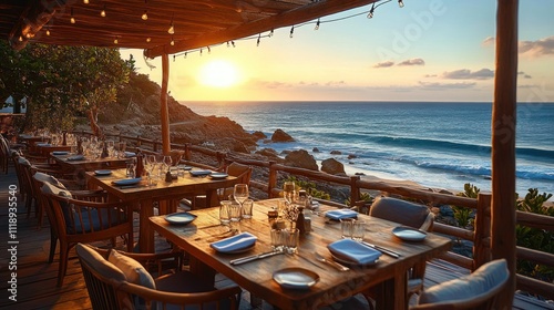 Fototapeta Naklejka Na Ścianę i Meble -  serene coastal dining area with ocean view at golden hour elegant rustic tables fine dining beach