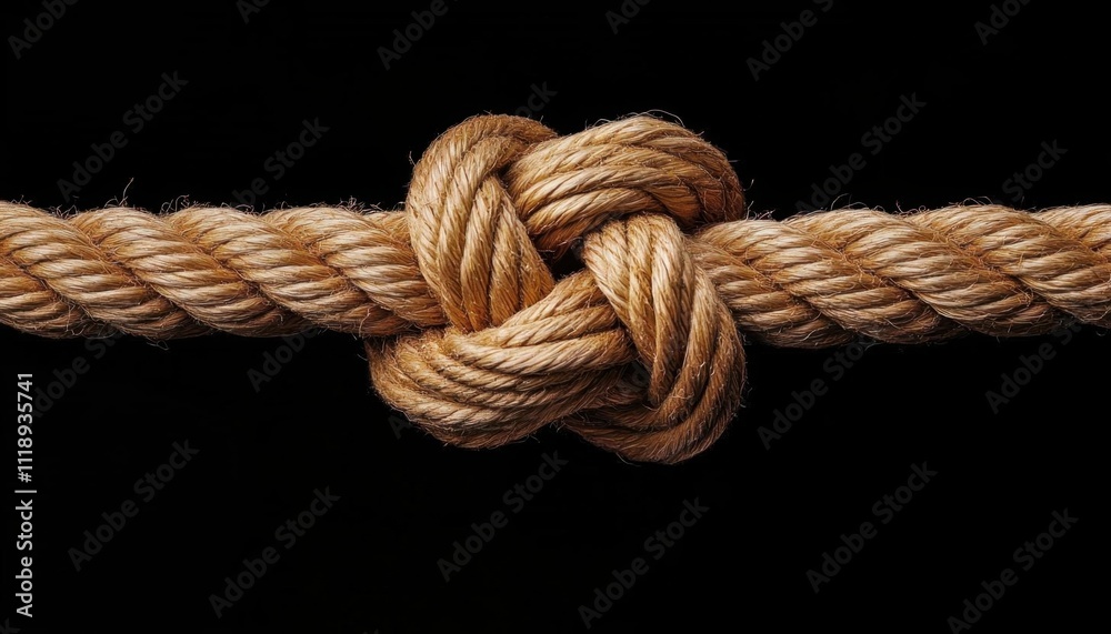 A close-up of a decorative knot tied in a thick rope against a black background.
