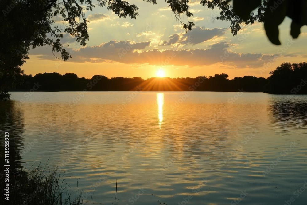 Obraz premium A serene sunset over a tranquil lake, reflecting warm colors.