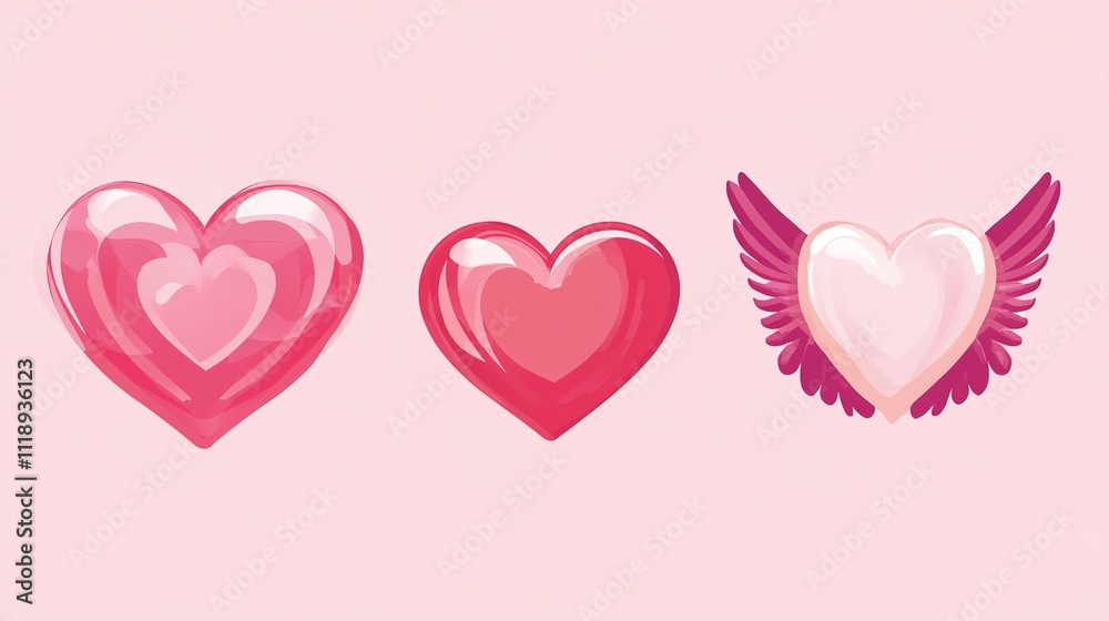 Sweet Valentine Elements Icon Set, Heart with Angel Wings, Love Symbols
