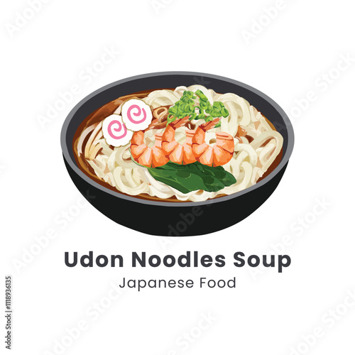 Hand drawn watercolor vector illustration of Udon Noodle Soup Japanese Food 