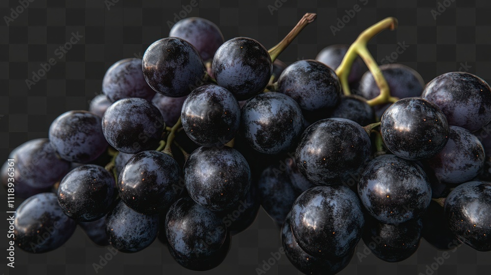 Bunch of dark grapes on a transparent background, isolated, realistic texture 