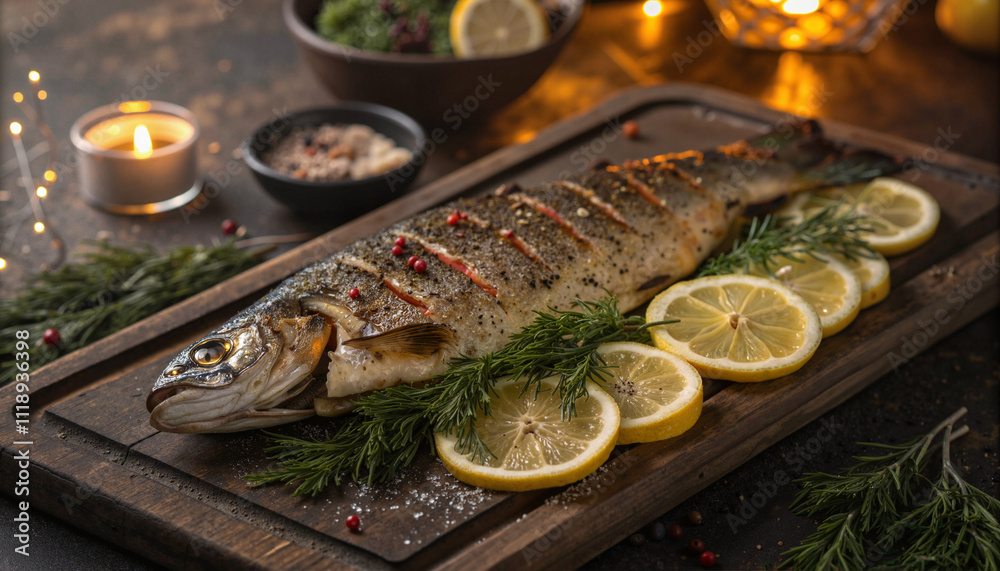 Whole roasted fish with lemon slices and herbs on wooden platter Whole roasted fish with lemon slices and herbs on wooden platter