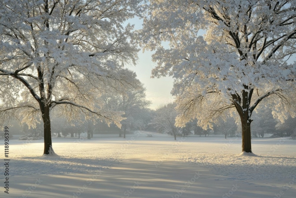 A serene winter landscape with snow-covered trees and soft lighting. A serene winter landscape with snow-covered trees and soft lighting.
