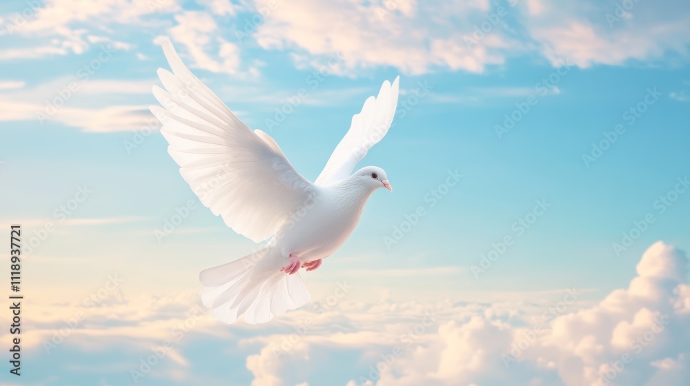 Fototapeta premium A white dove flying in the sky with sky background