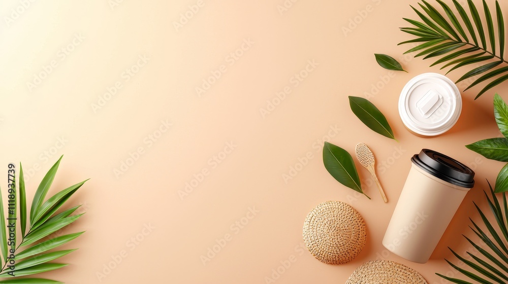Stylish social media banner for eco-friendly products; warm-toned background with reusable items, organic elements, and soft textures