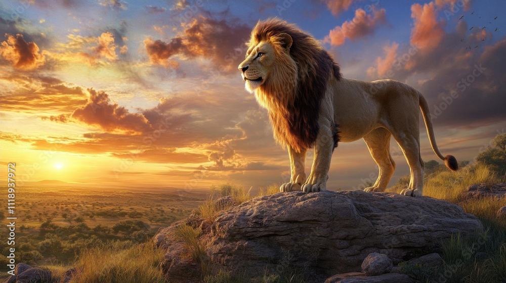 A majestic lion stands on a rock at sunset, embodying strength and beauty.
