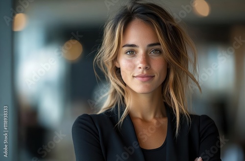 Confident Businesswoman in Blazer Posing in Her Office Environment