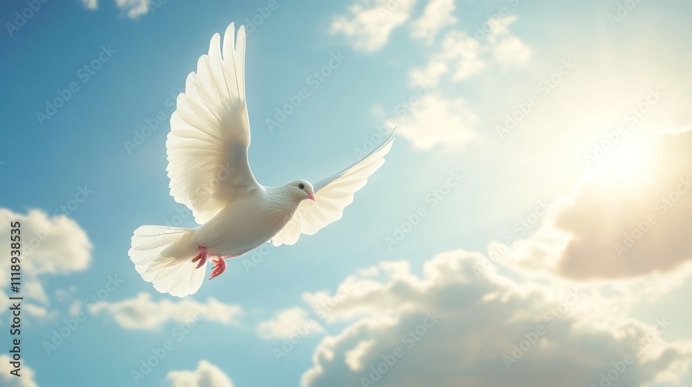 Obraz premium A white dove flying in the sky with sky background