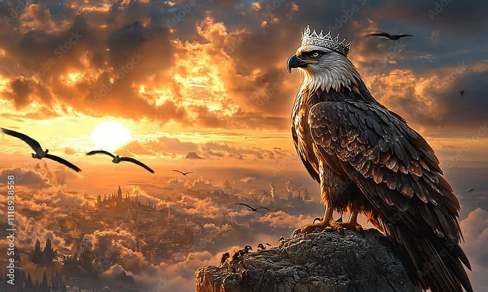 A majestic eagle wearing a crown overlooks a sunset cityscape, symbolizing power and freedom.