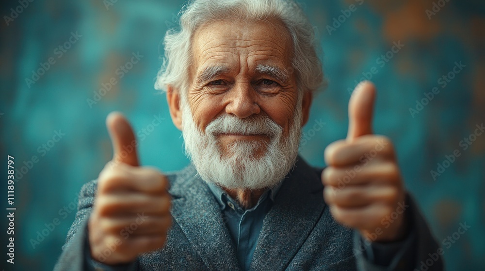elderly man smiling in suit shirt and tie on blue background giving thumbs up elderly man smiling in suit shirt and tie on blue background giving thumbs up