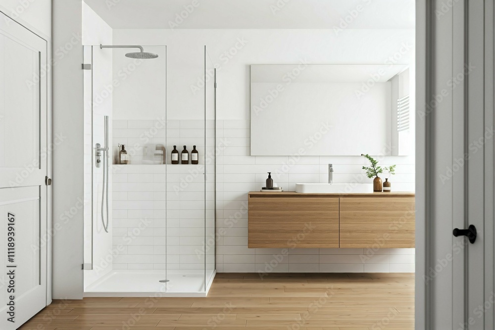 Modern bathroom with a walk-in shower, a wood vanity, and white fixtures. Modern bathroom with a walk-in shower, a wood vanity, and white fixtures.
