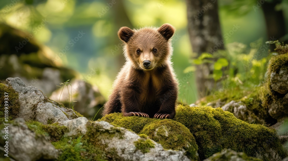 Fototapeta premium A young brown bear cub in the forest