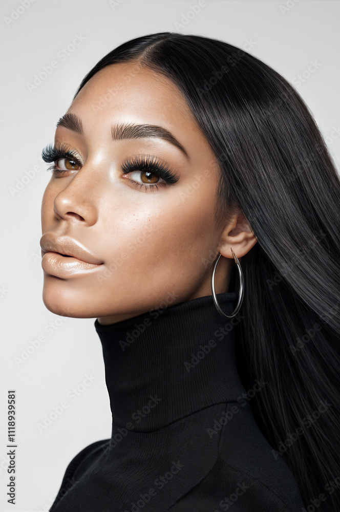 Fototapeta premium African American Model Black Model Wearing Straight Brazilian Wig Earrings and Lash Extensions Studio Shot Straight Hair Bundles Straight Hair Extensions