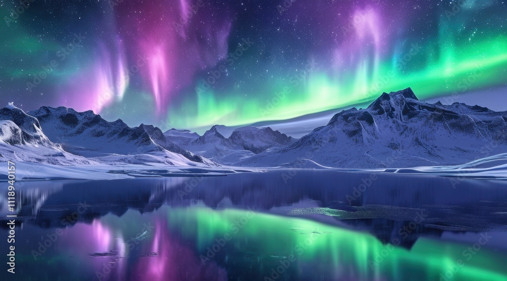 Aurora Borealis Dancing in the Sky with Reflections on a Frozen Lake Aurora Borealis Dancing in the Sky with Reflections on a Frozen Lake