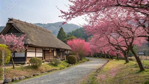 Blossoming Serenity In the foreground a charming thatchedroof cottage is framed by a canopy of blooming plum trees. Their vibrant blossoms contrast beautifully with the muted earth photo