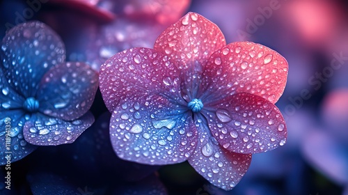 An abstract background with blue and purple flowers and water drops, creating a shiny effect photo