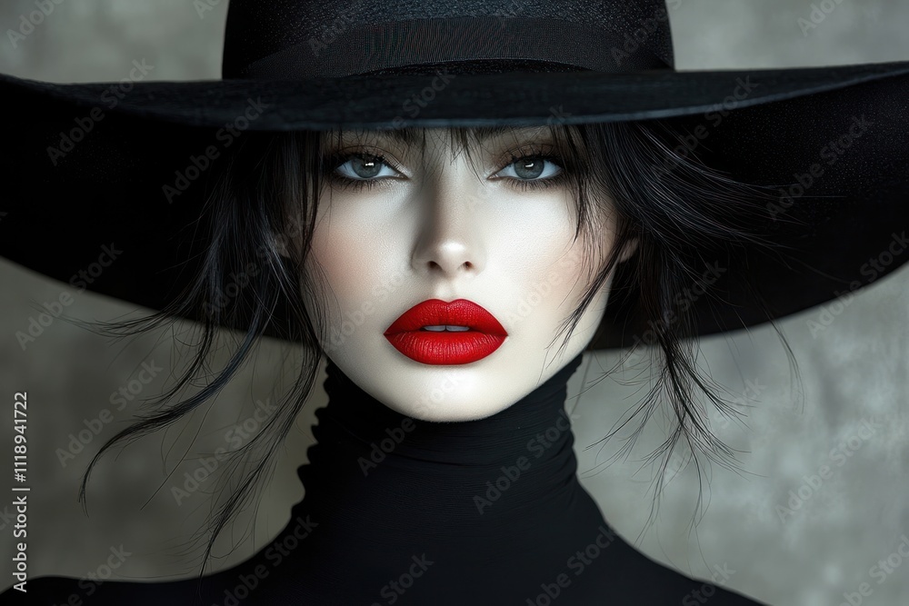Fashion Portrait Model with Black Hat and Red Lips in Dramatic Lighting Fashion Portrait Model with Black Hat and Red Lips in Dramatic Lighting