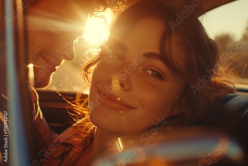 A couple enjoying a joyful moment during a sunset car ride, radiating love and happiness. photo