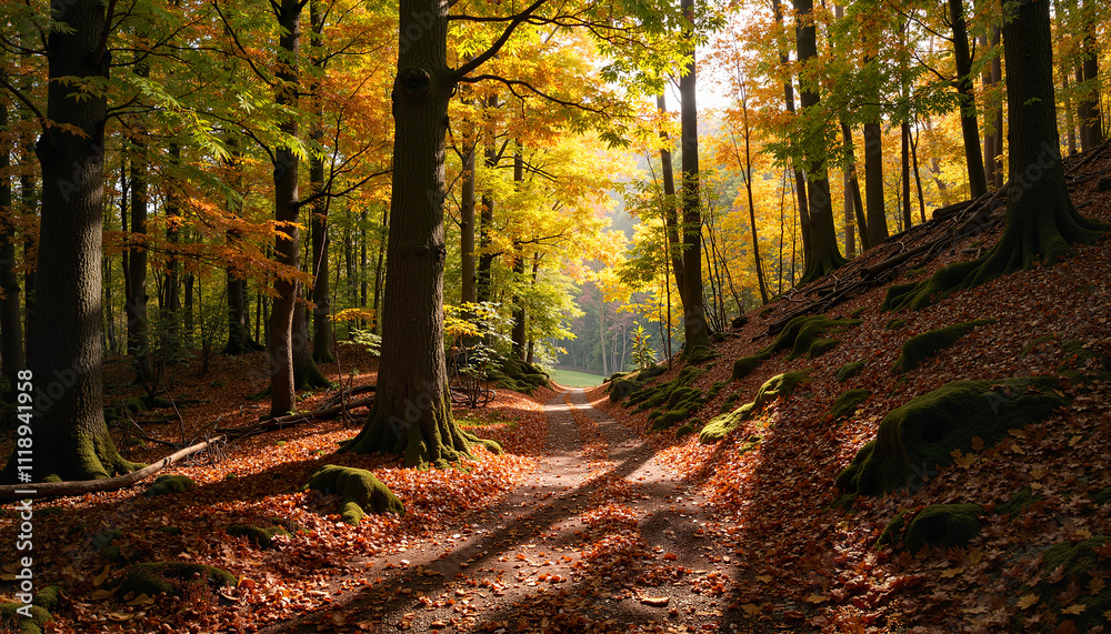 Obraz premium Autumn forest path with sunlight filtering through trees