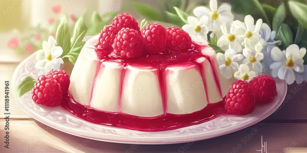 A creamy dessert topped with raspberry sauce and fresh raspberries, surrounded by flowers.