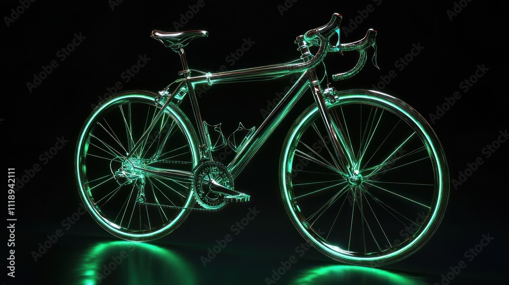 Fototapeta premium 3D holographic bicycle, green and silver glow, high detail, black background,