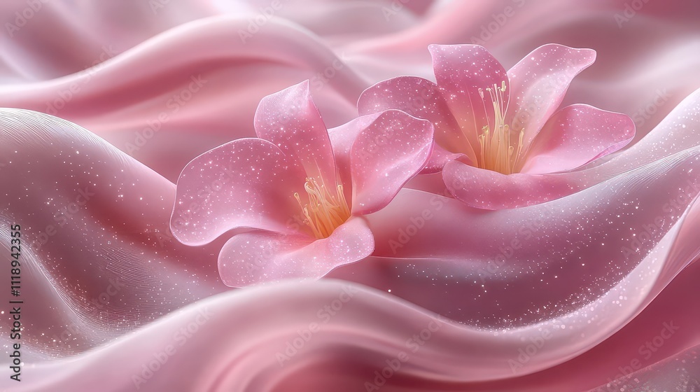 Two delicate pink flowers resting on soft, flowing fabric. Two delicate pink flowers resting on soft, flowing fabric.